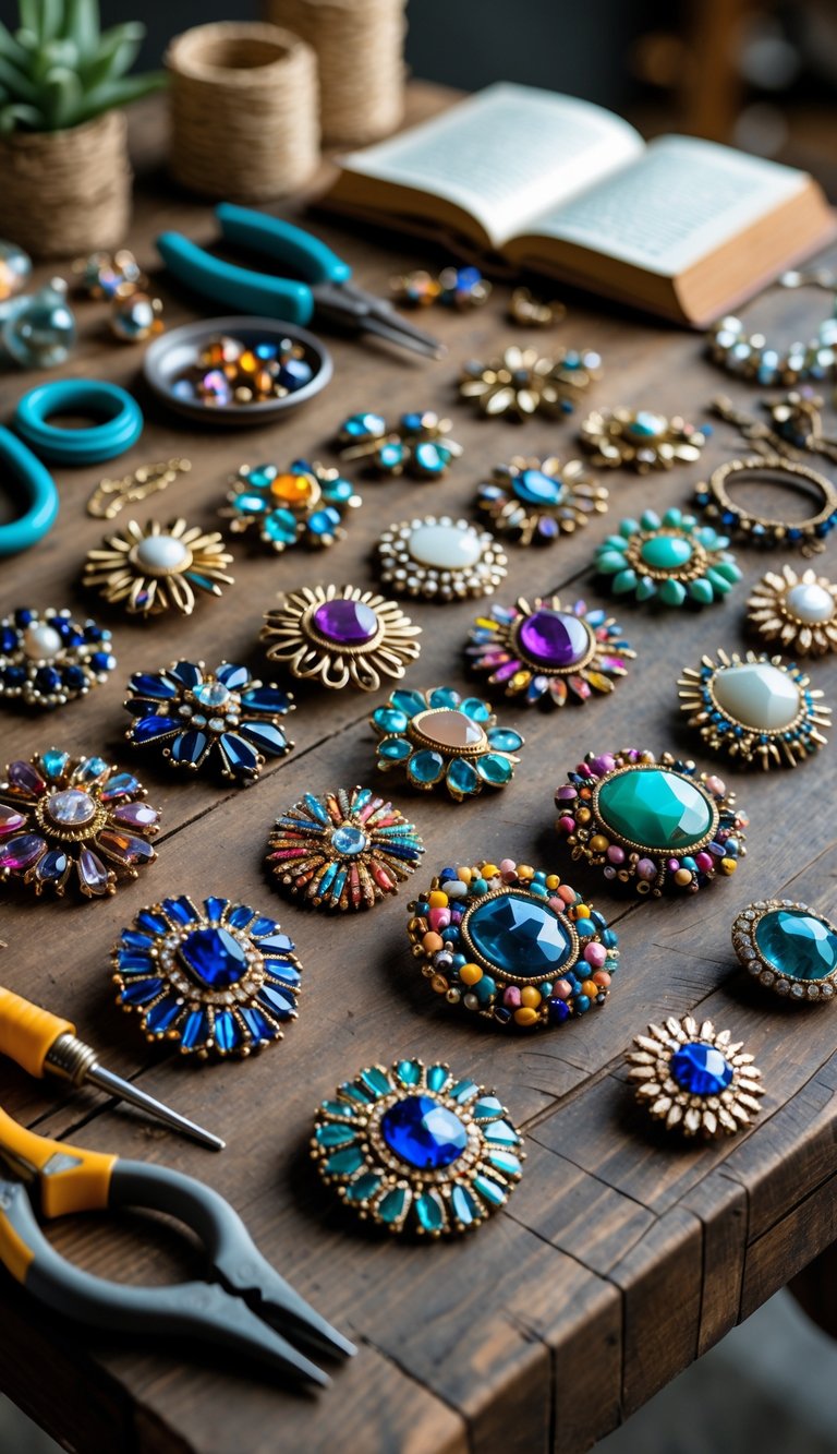 A table displaying various brooch bookmarks made from broken jewelry pieces alongside crafting tools and materials.
